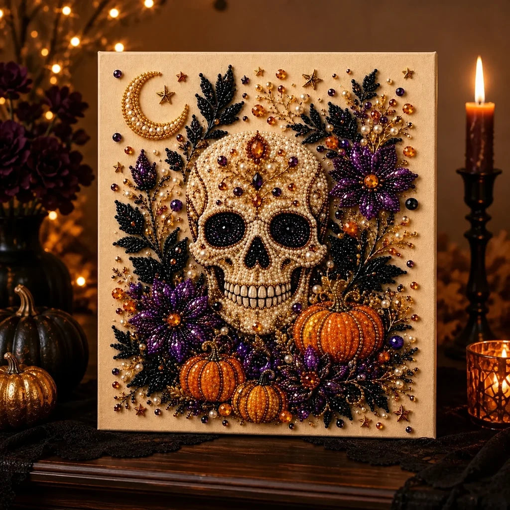 Framed Halloween Skull & Pumpkin Pearl Art DIY Kit