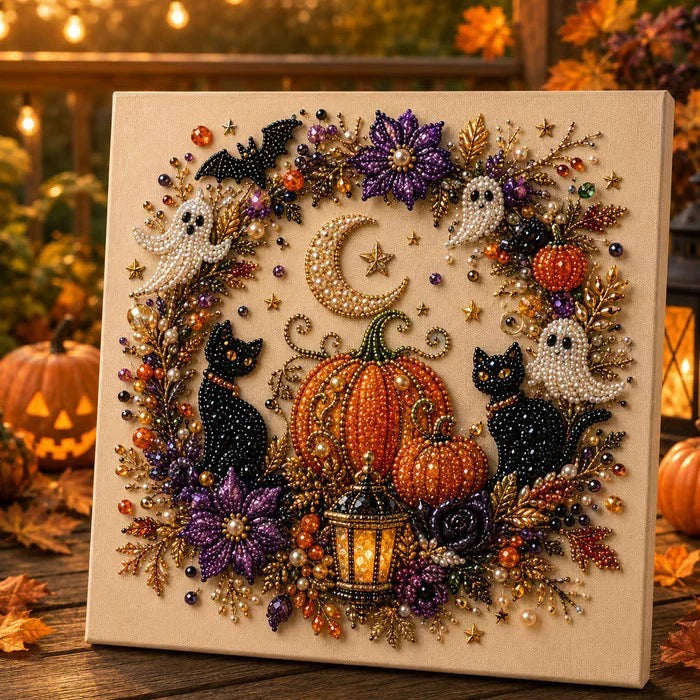 Framed Halloween Pumpkin, Ghost & Black Cat Pearl Art DIY Kit