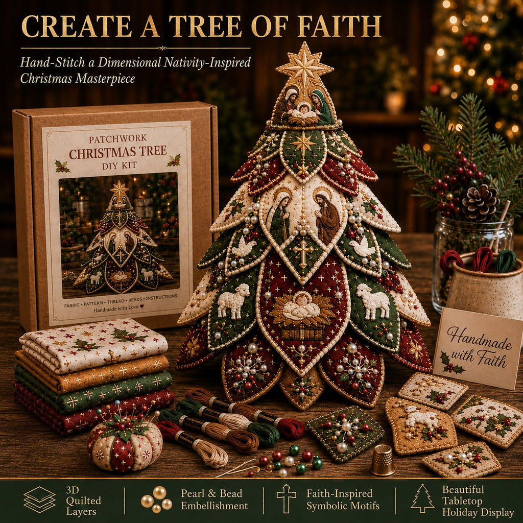 Beginner-Friendly Tree of Faith 3D Quilted Christmas Tree Sewing Kit | Complete Kit with Coordinated Fabrics, Beads & Step-by-Step Guide Included
