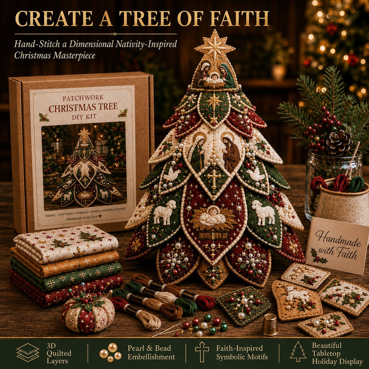 Beginner-Friendly Tree of Faith 3D Quilted Christmas Tree Sewing Kit | Complete Kit with Coordinated Fabrics, Beads & Step-by-Step Guide Included