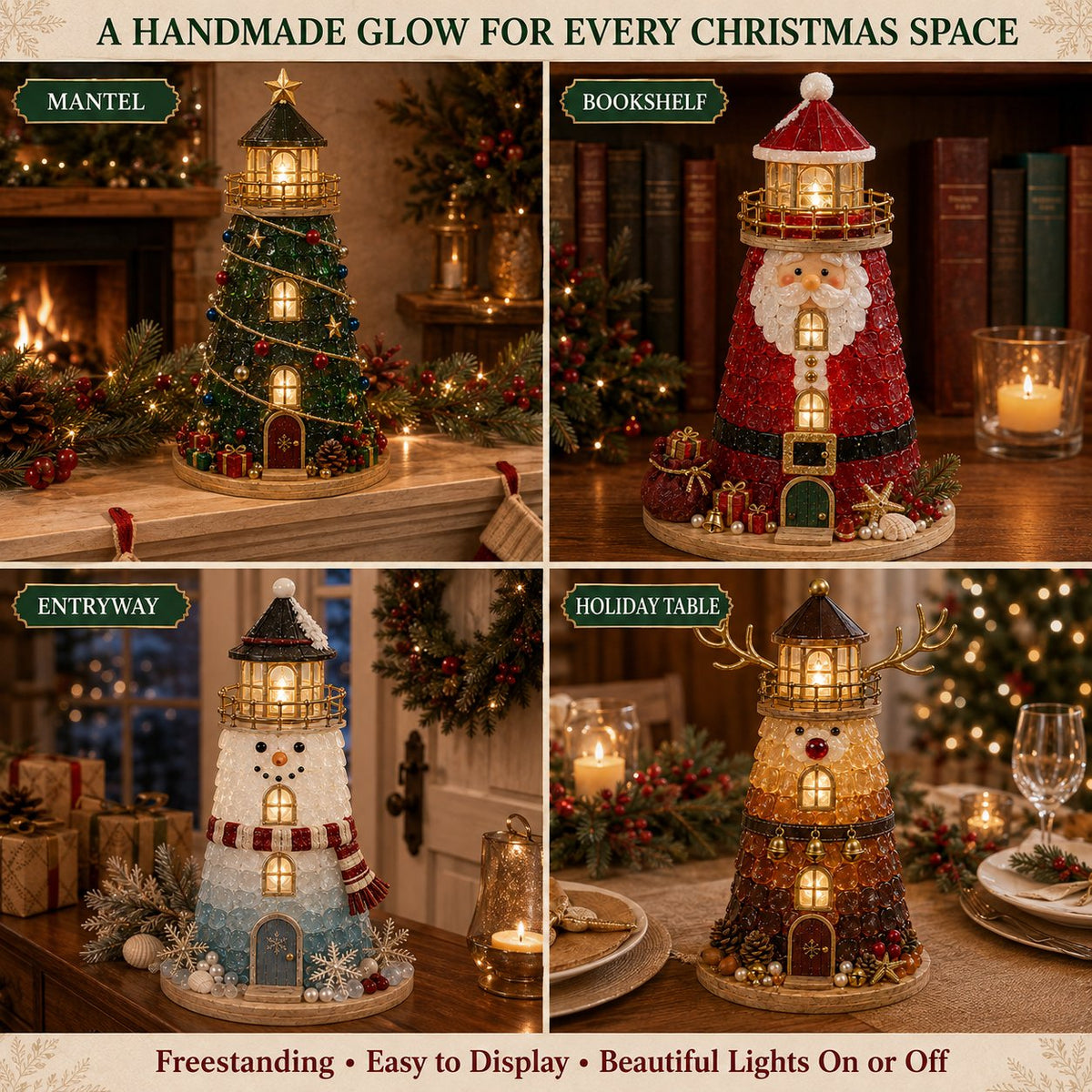 Beginner-Friendly DIY Lighted Christmas Character Sea Glass-Style Lighthouse Kit Collection | Complete Kit with Sea Glass-Style Pieces, LED Lights & Step-by-Step Guide Included