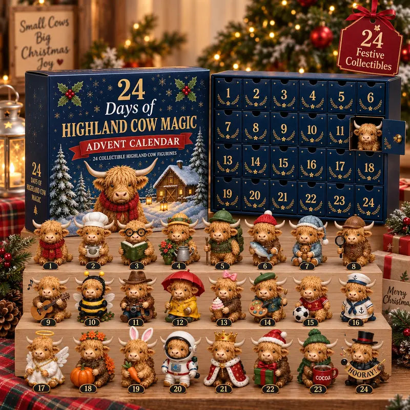 24 Days Highland Cow Advent Calendar, 24 Collectible Highland Cow Figurines Christmas Countdown Calendar, Cute Holiday Desk Decor, Seasonal Gift Set for Christmas