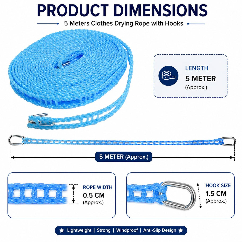 5M Windproof Portable Clothesline with Hooks