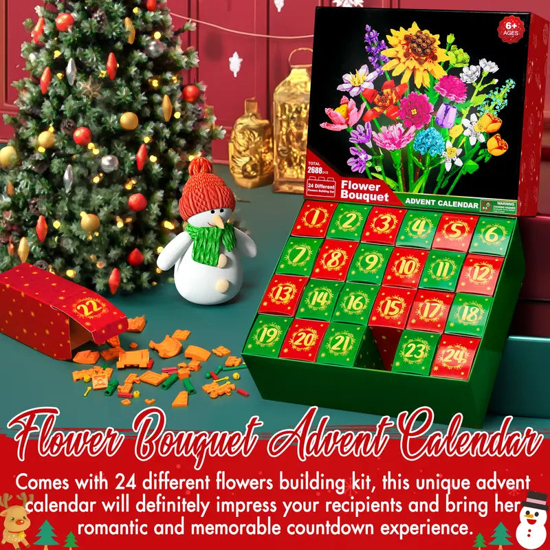 2026 Christmas Flower Bouquet Advent Calendar | 24-Day Countdown Building Blocks Gift Box, 24 Unique Flowers 3D Puzzle Toy Set,