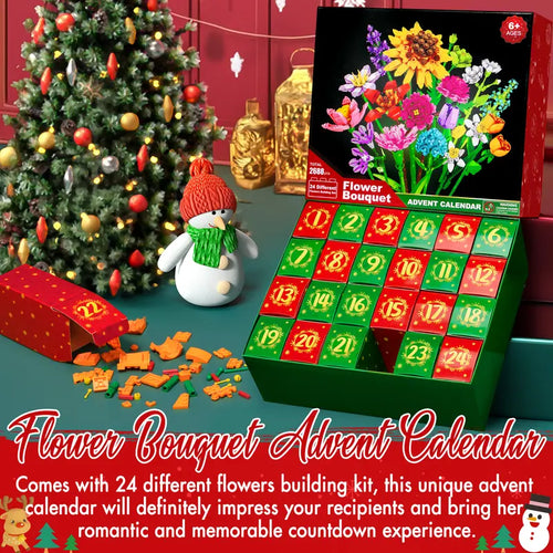 2026 Christmas Flower Bouquet Advent Calendar | 24-Day Countdown Building Blocks Gift Box, 24 Unique Flowers 3D Puzzle Toy Set,
