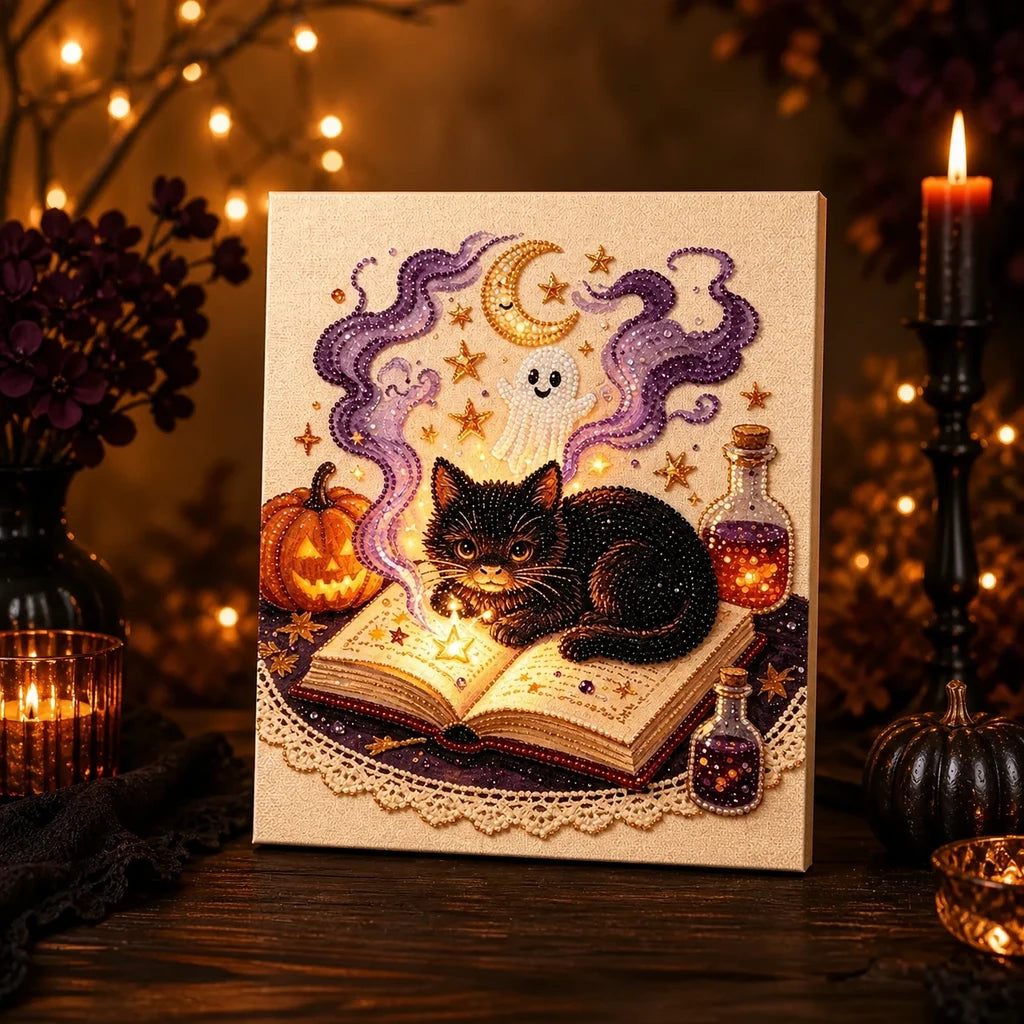 Framed Halloween Black Cat Spellbook Pearl Art DIY Kit
