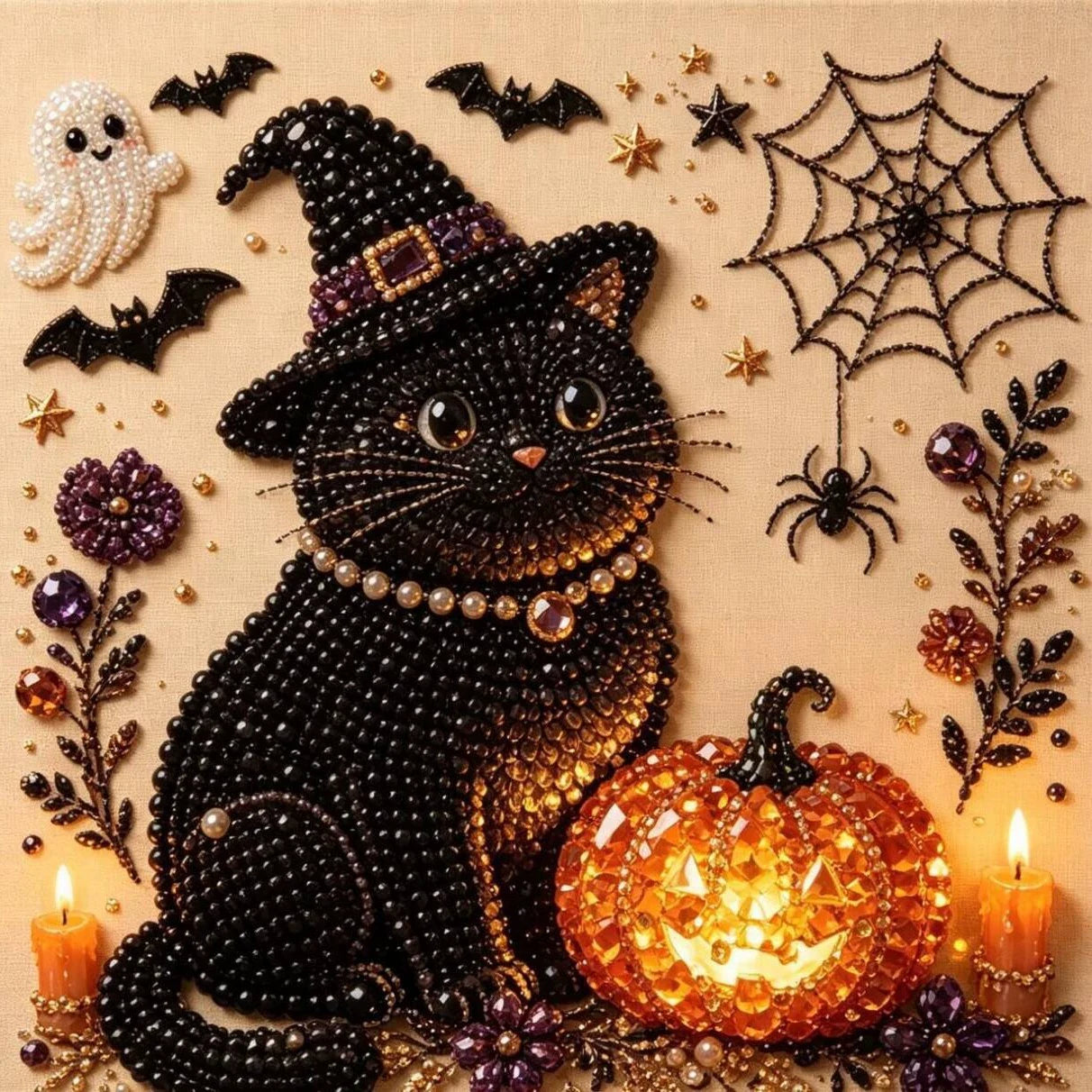 Framed Halloween Black Cat & Pumpkin Pearl Art DIY Kit