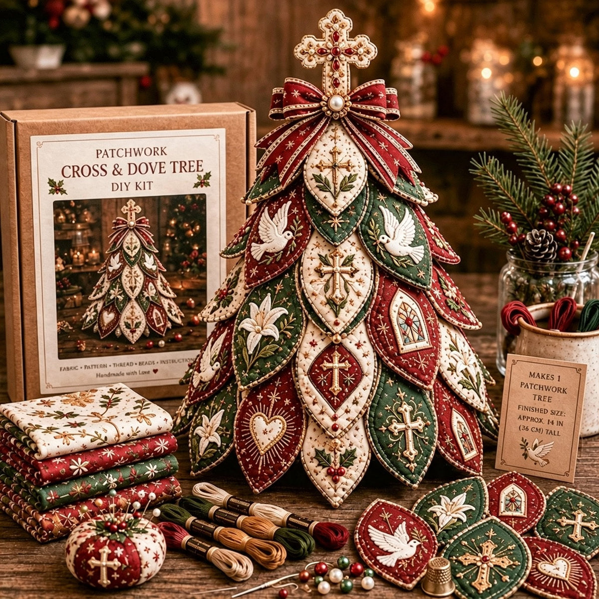 Beginner-Friendly Tree of Faith 3D Quilted Christmas Tree Sewing Kit | Complete Kit with Coordinated Fabrics, Beads & Step-by-Step Guide Included