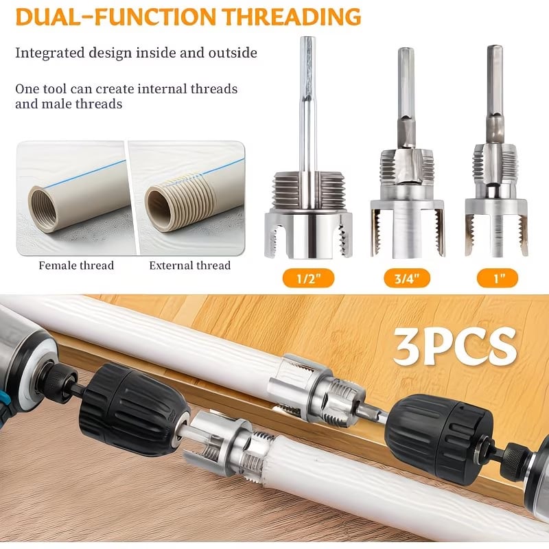 3-Piece Heavy-Duty PVC Pipe Threading Tool Kit (1/2′′, 3/4′′, 1′′ Male/Female) – For PVC, PPR & MPP Pipes
