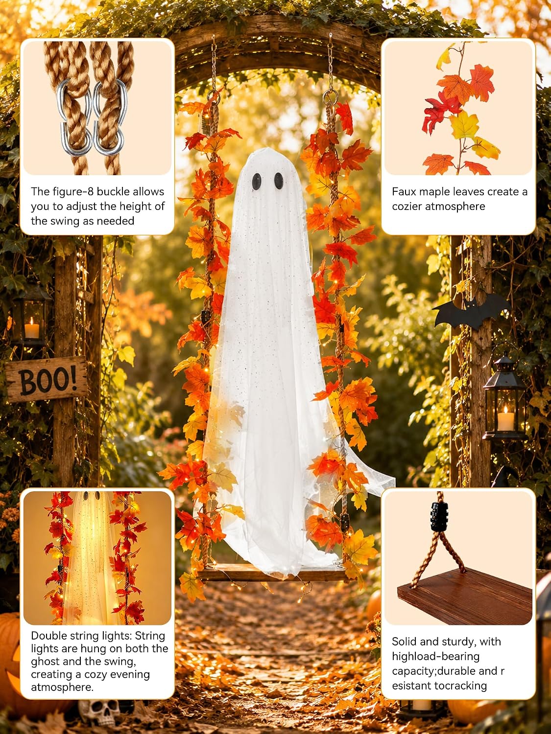 Halloween Decorations Hanging Ghost Decor with a Maple Leaf Swing Ghost Light