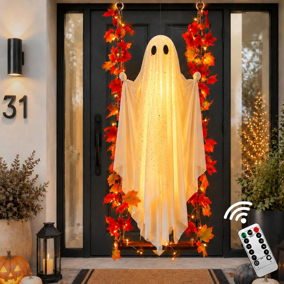Halloween Decorations Hanging Ghost Decor with a Maple Leaf Swing Ghost Light