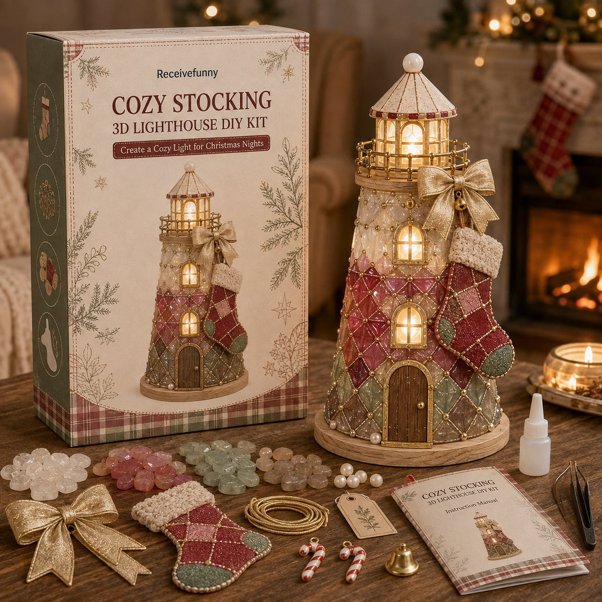 Beginner-Friendly DIY Lighted Christmas Character Sea Glass-Style Lighthouse Kit Collection | Complete Kit with Sea Glass-Style Pieces, LED Lights & Step-by-Step Guide Included