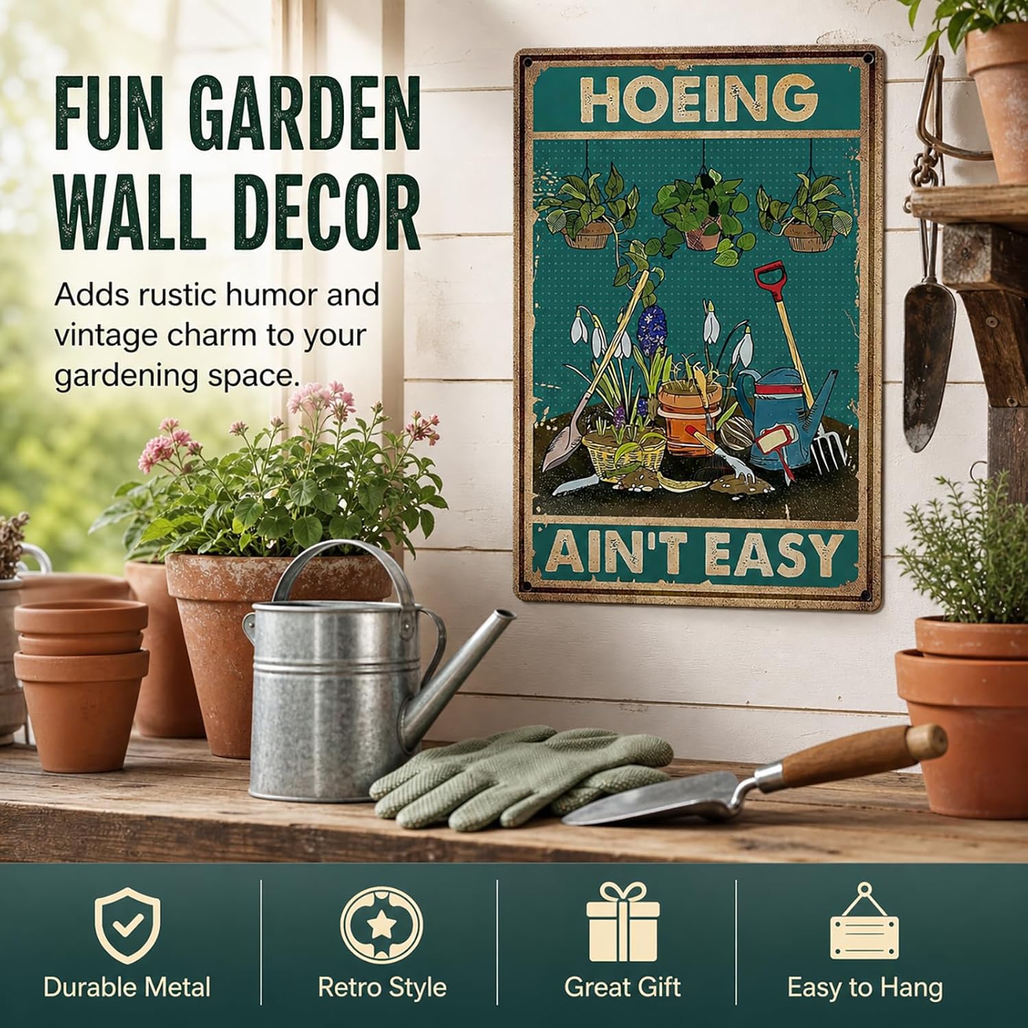 "HOEING AIN'T EASY" Funny Garden Metal Sign - 8 x 12 Inches