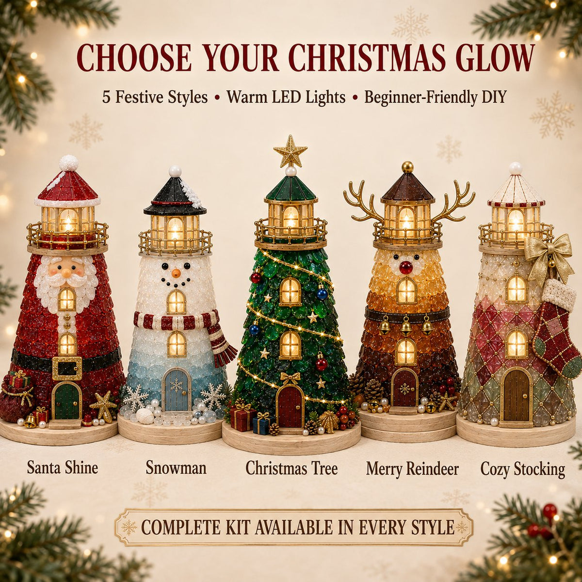 Beginner-Friendly DIY Lighted Christmas Character Sea Glass-Style Lighthouse Kit Collection | Complete Kit with Sea Glass-Style Pieces, LED Lights & Step-by-Step Guide Included