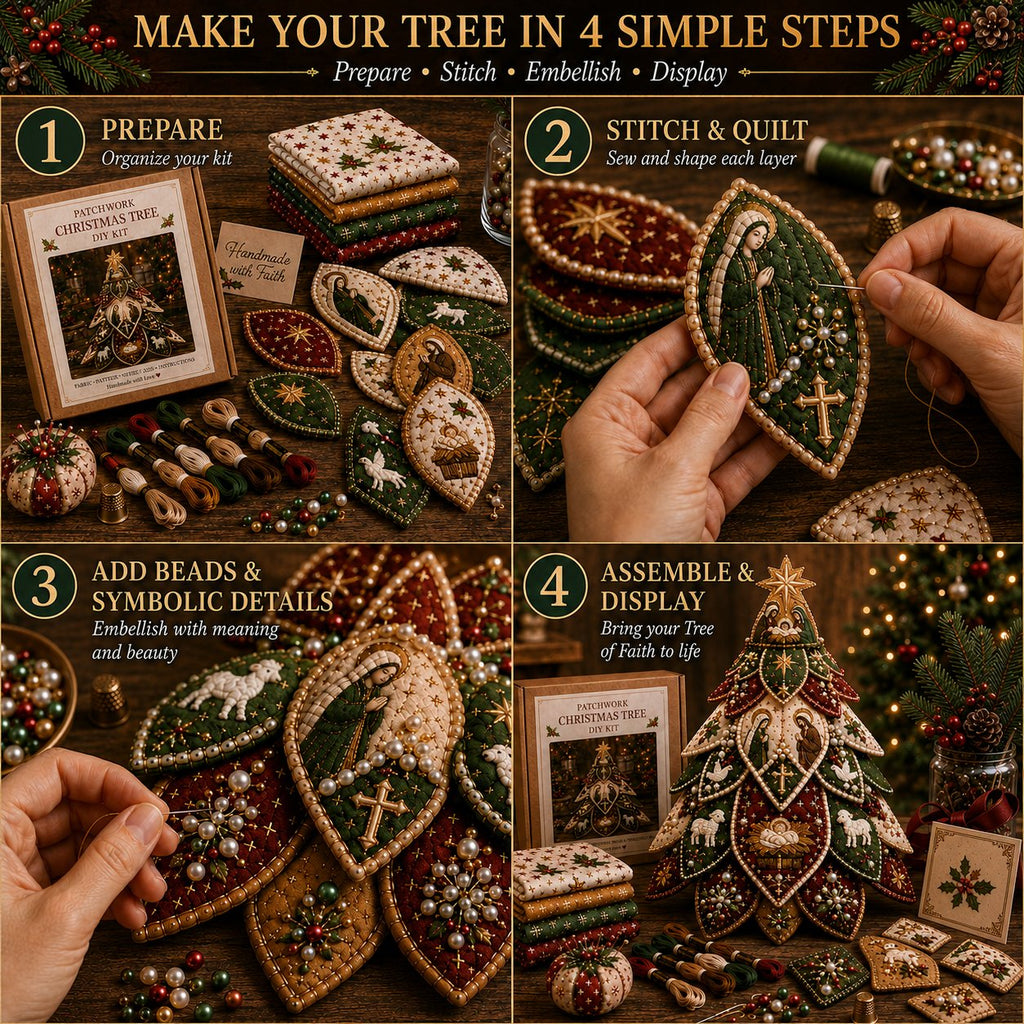 Beginner-Friendly Tree of Faith 3D Quilted Christmas Tree Sewing Kit | Complete Kit with Coordinated Fabrics, Beads & Step-by-Step Guide Included