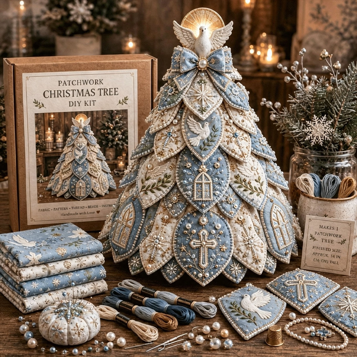 Beginner-Friendly Tree of Faith 3D Quilted Christmas Tree Sewing Kit | Complete Kit with Coordinated Fabrics, Beads & Step-by-Step Guide Included