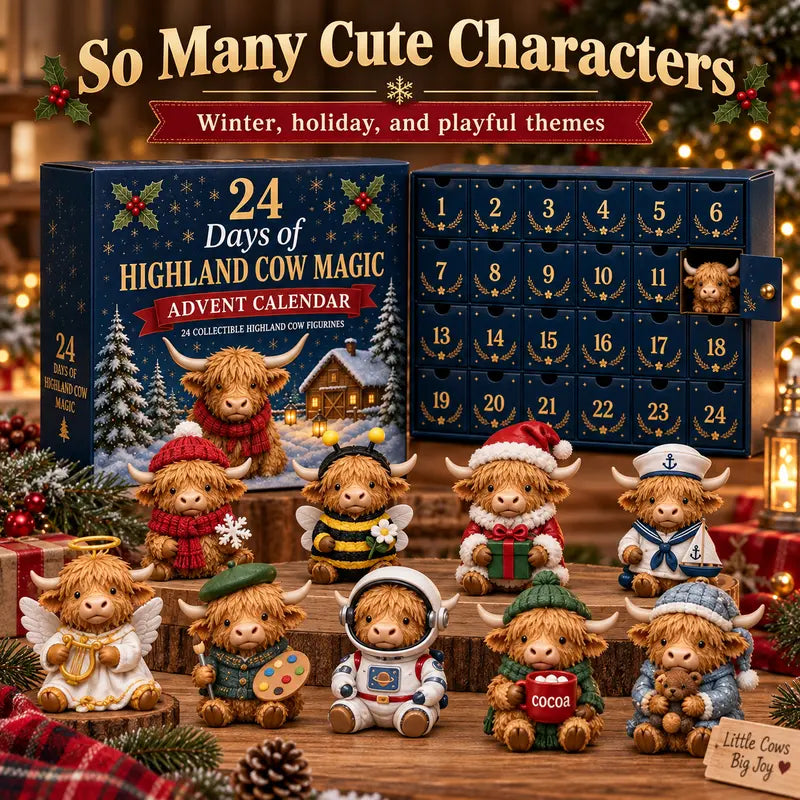 24 Days Highland Cow Advent Calendar, 24 Collectible Highland Cow Figurines Christmas Countdown Calendar, Cute Holiday Desk Decor, Seasonal Gift Set for Christmas