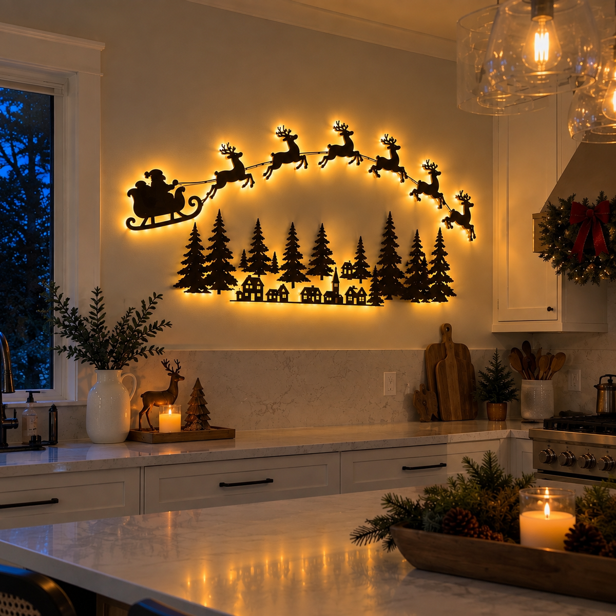 Illuminated Santa Sleigh & Reindeer Metal Wall Art – Backlit Christmas Silhouette Village Decor with Warm LED Lights