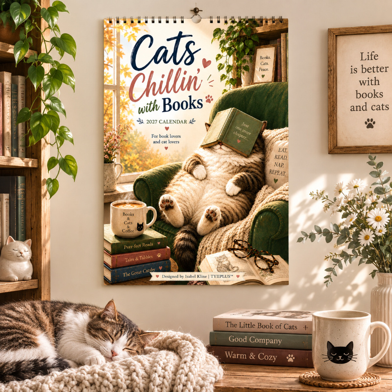 Cats Chillin' with Books 2027 Wall Calendar | A4 Cozy Cat & Book Lover Calendar | Designed by Isabel Kline | TYIIPLUS