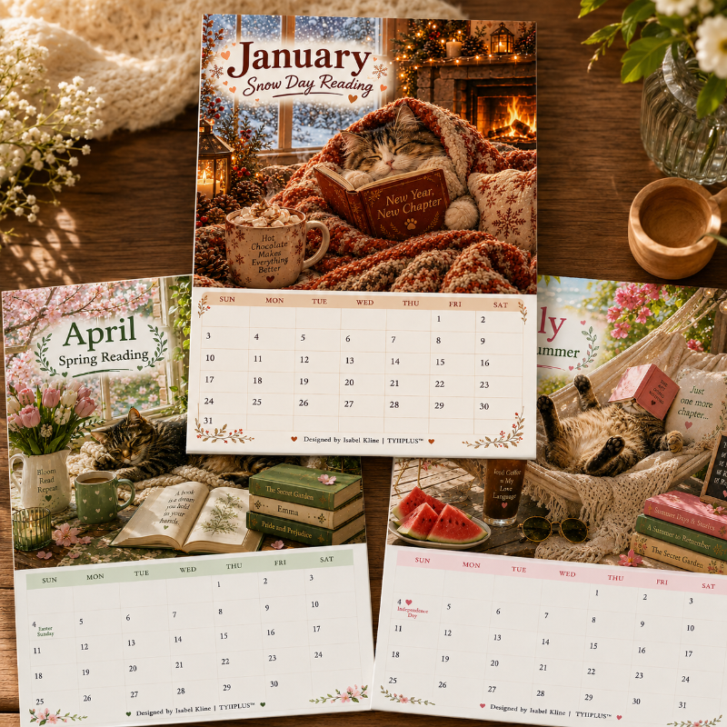 Cats Chillin' with Books 2027 Wall Calendar | A4 Cozy Cat & Book Lover Calendar | Designed by Isabel Kline | TYIIPLUS
