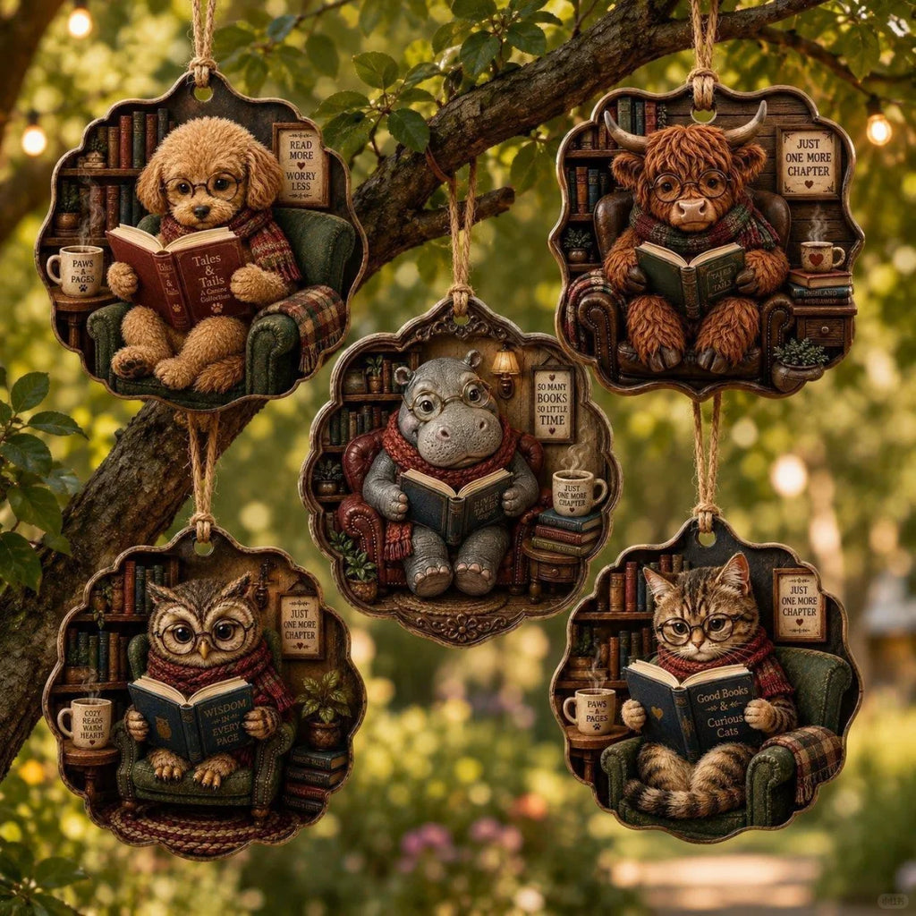Cozy Reading Animal Hanging Ornament – Whimsical Woodland Book Lover Decoration