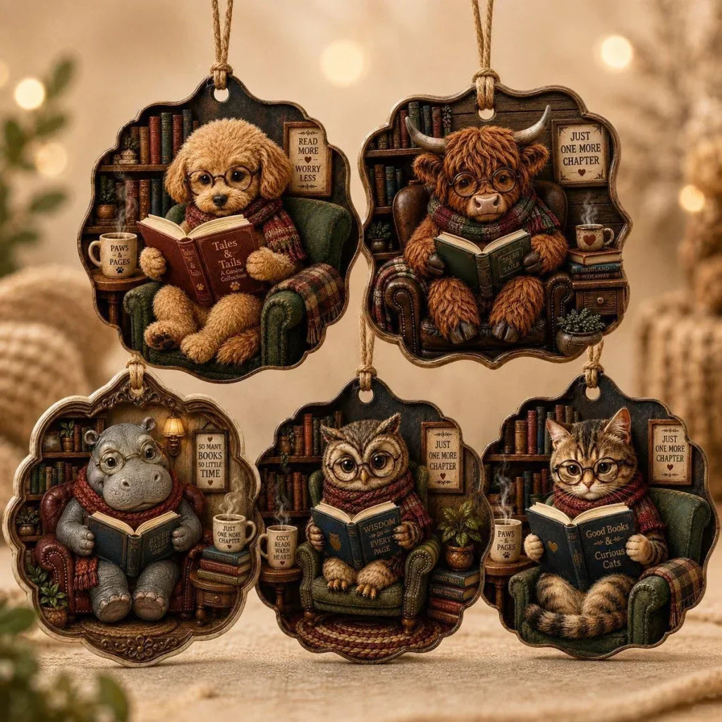 Cozy Reading Animal Hanging Ornament – Whimsical Woodland Book Lover Decoration
