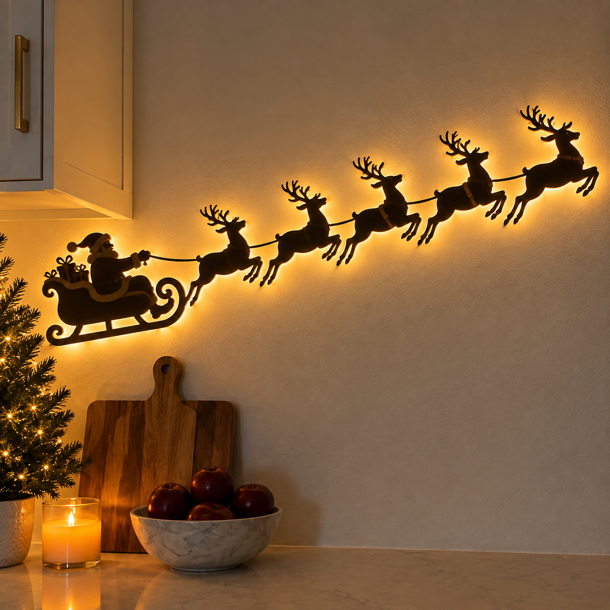 Illuminated Santa Sleigh & Reindeer Metal Wall Art – Backlit Christmas Silhouette Village Decor with Warm LED Lights