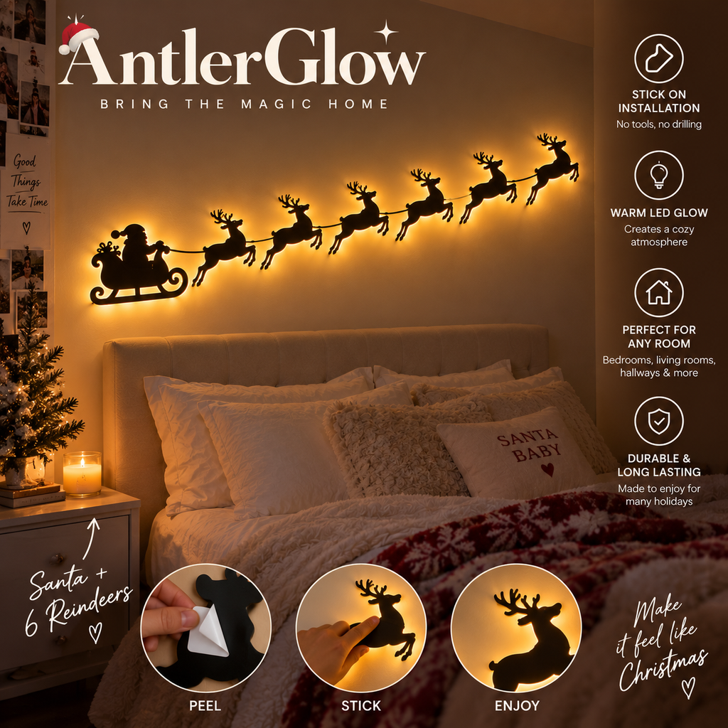 Illuminated Santa Sleigh & Reindeer Metal Wall Art – Backlit Christmas Silhouette Village Decor with Warm LED Lights