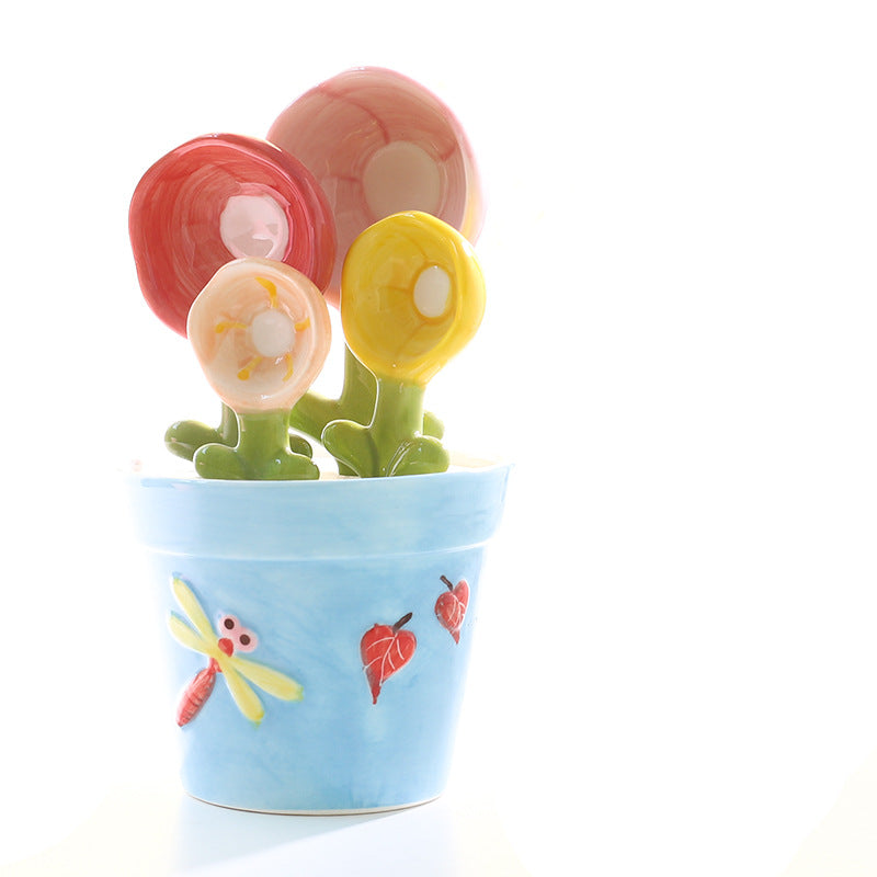 Cute Ceramic Flower Measuring Spoon Set with Pot Holder | 5-Piece Baking Measuring Spoons