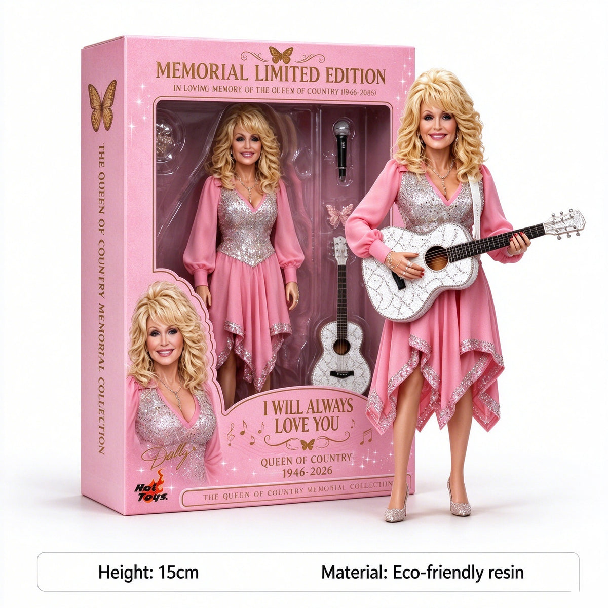 Legendary Country Music Queen Memorial Doll | Handcrafted Pink Sequin Gown & Guitar Figurine with Collector's Box