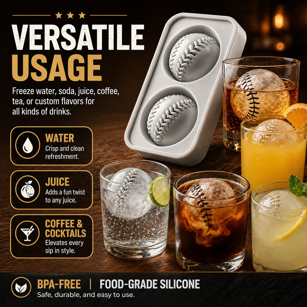 Baseball Ice Mold – Slow‑Melting Silicone Sphere Tray for Whiskey, Cocktails & More