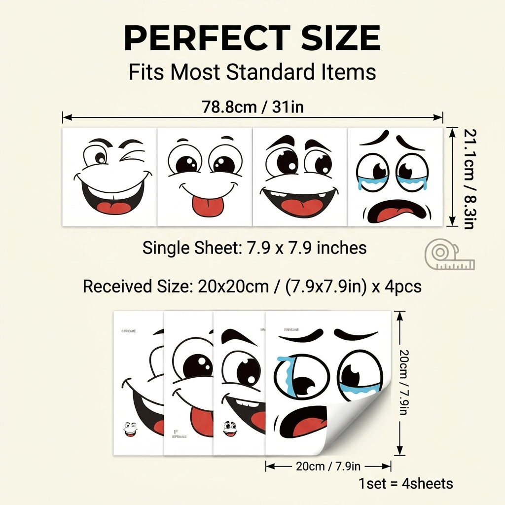 Cartoon Face Stickers, Self-Adhesive Removable Decals with Glossy Finish, Multi-Surface Decor