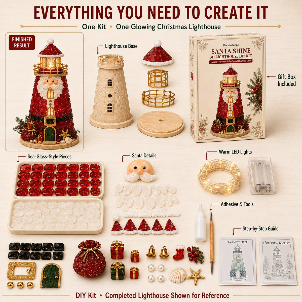 Beginner-Friendly DIY Lighted Christmas Character Sea Glass-Style Lighthouse Kit Collection | Complete Kit with Sea Glass-Style Pieces, LED Lights & Step-by-Step Guide Included