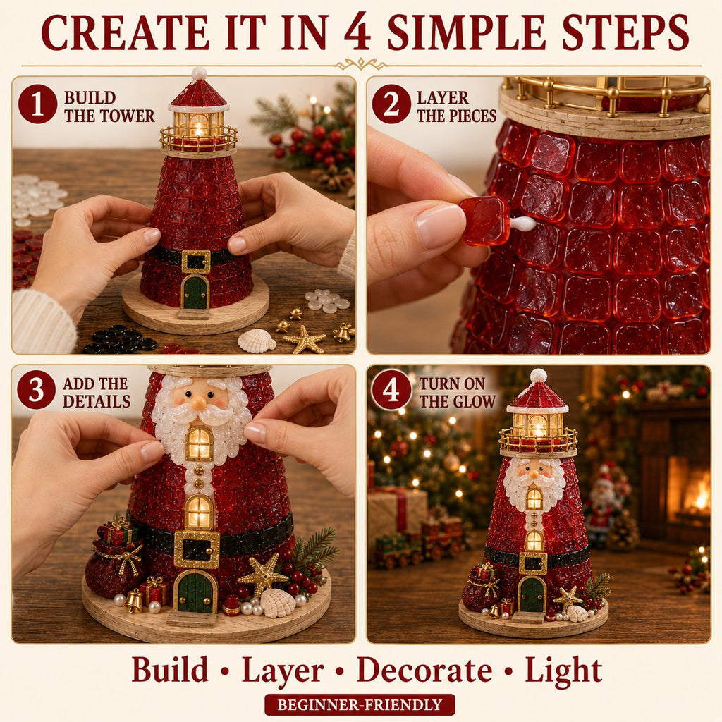 Beginner-Friendly DIY Lighted Christmas Character Sea Glass-Style Lighthouse Kit Collection | Complete Kit with Sea Glass-Style Pieces, LED Lights & Step-by-Step Guide Included