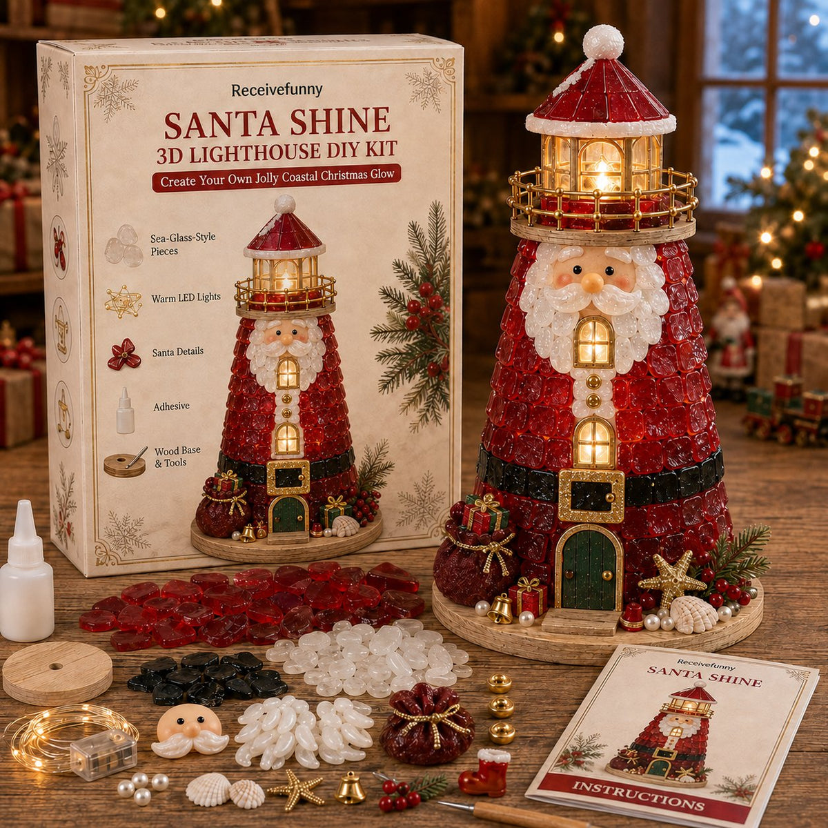 Beginner-Friendly DIY Lighted Christmas Character Sea Glass-Style Lighthouse Kit Collection | Complete Kit with Sea Glass-Style Pieces, LED Lights & Step-by-Step Guide Included