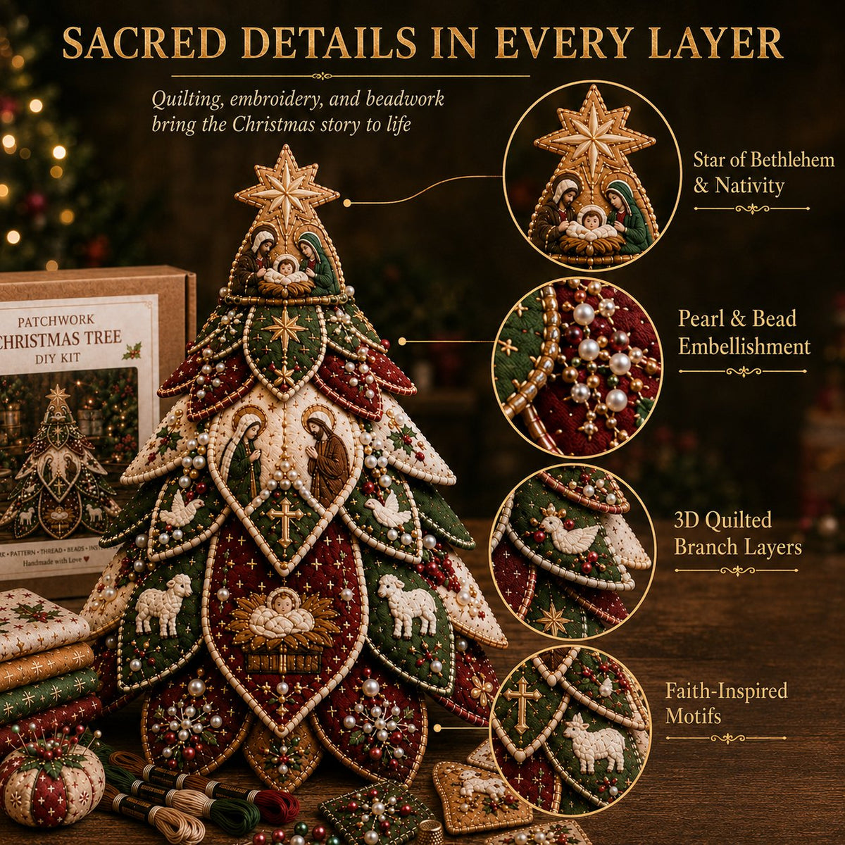 Beginner-Friendly Tree of Faith 3D Quilted Christmas Tree Sewing Kit | Complete Kit with Coordinated Fabrics, Beads & Step-by-Step Guide Included