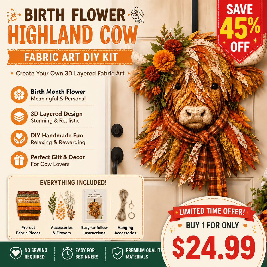 Custom Birth Flower Highland Cow 3D Textile Art, Handmade Layered Fabric Wall Decoration, Personalized Farmhouse Home Decor Gift(Beginner-friendly)  Buy 3 Free Shipping