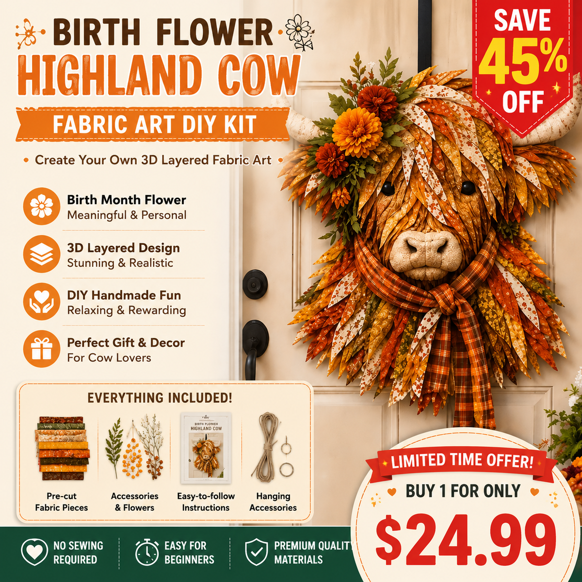 Custom Birth Flower Highland Cow 3D Textile Art, Handmade Layered Fabric Wall Decoration, Personalized Farmhouse Home Decor Gift(Beginner-friendly)  Buy 3 Free Shipping
