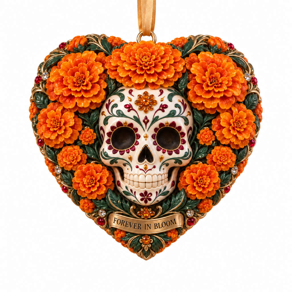 Día de Muertos Marigold Heart Ornaments –  “Forever in Our Hearts” Memorial Keepsake Collection