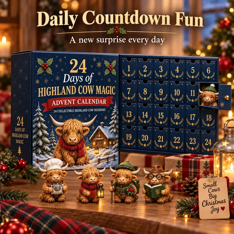 24 Days Highland Cow Advent Calendar, 24 Collectible Highland Cow Figurines Christmas Countdown Calendar, Cute Holiday Desk Decor, Seasonal Gift Set for Christmas