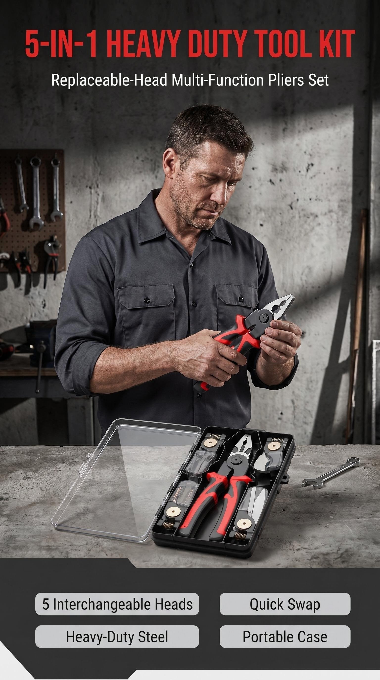 5 in 1 All Purpose Heavy Duty Tool Kit,Replaceable-head multi-function pliers set