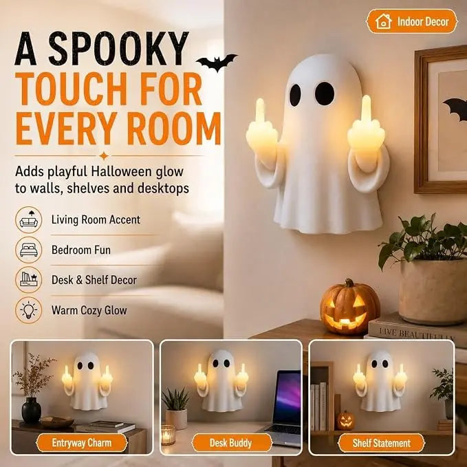 2026 Halloween Funny Middle Finger Ghost LED Light, Glowing Ghost Figurine, Novelty Halloween Decor for Home, Room, Party & Tabletop