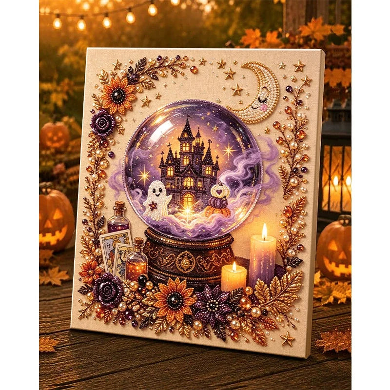 Framed Halloween Haunted Castle Crystal Ball Pearl Art DIY Kit