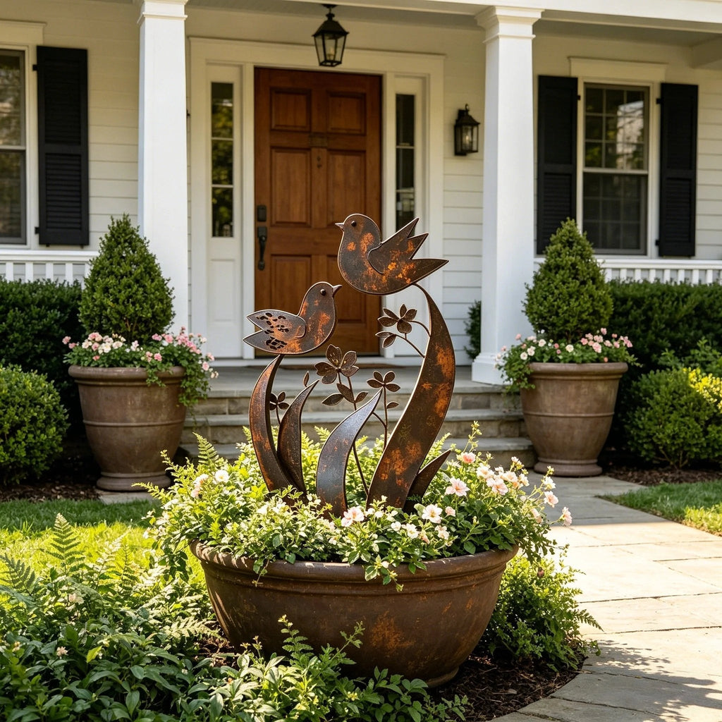 Bird & Wildflower Metal Garden Stake