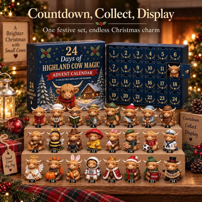 24 Days Highland Cow Advent Calendar, 24 Collectible Highland Cow Figurines Christmas Countdown Calendar, Cute Holiday Desk Decor, Seasonal Gift Set for Christmas