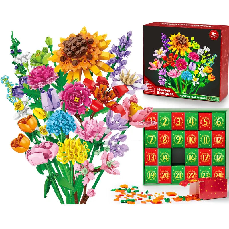 2026 Christmas Flower Bouquet Advent Calendar | 24-Day Countdown Building Blocks Gift Box, 24 Unique Flowers 3D Puzzle Toy Set,