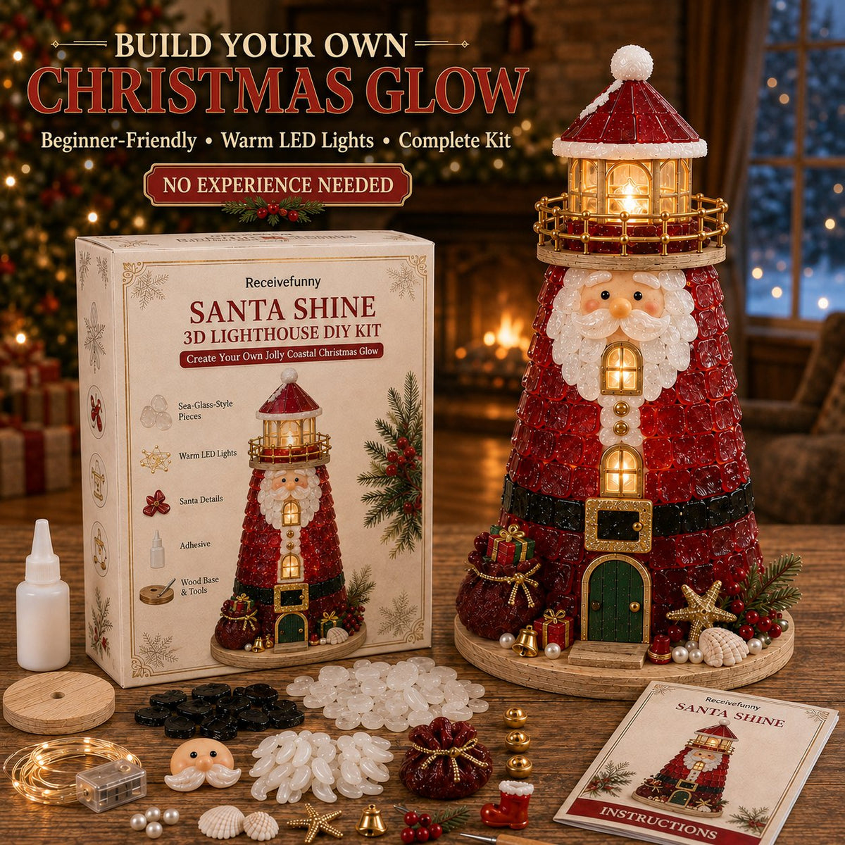 Beginner-Friendly DIY Lighted Christmas Character Sea Glass-Style Lighthouse Kit Collection | Complete Kit with Sea Glass-Style Pieces, LED Lights & Step-by-Step Guide Included