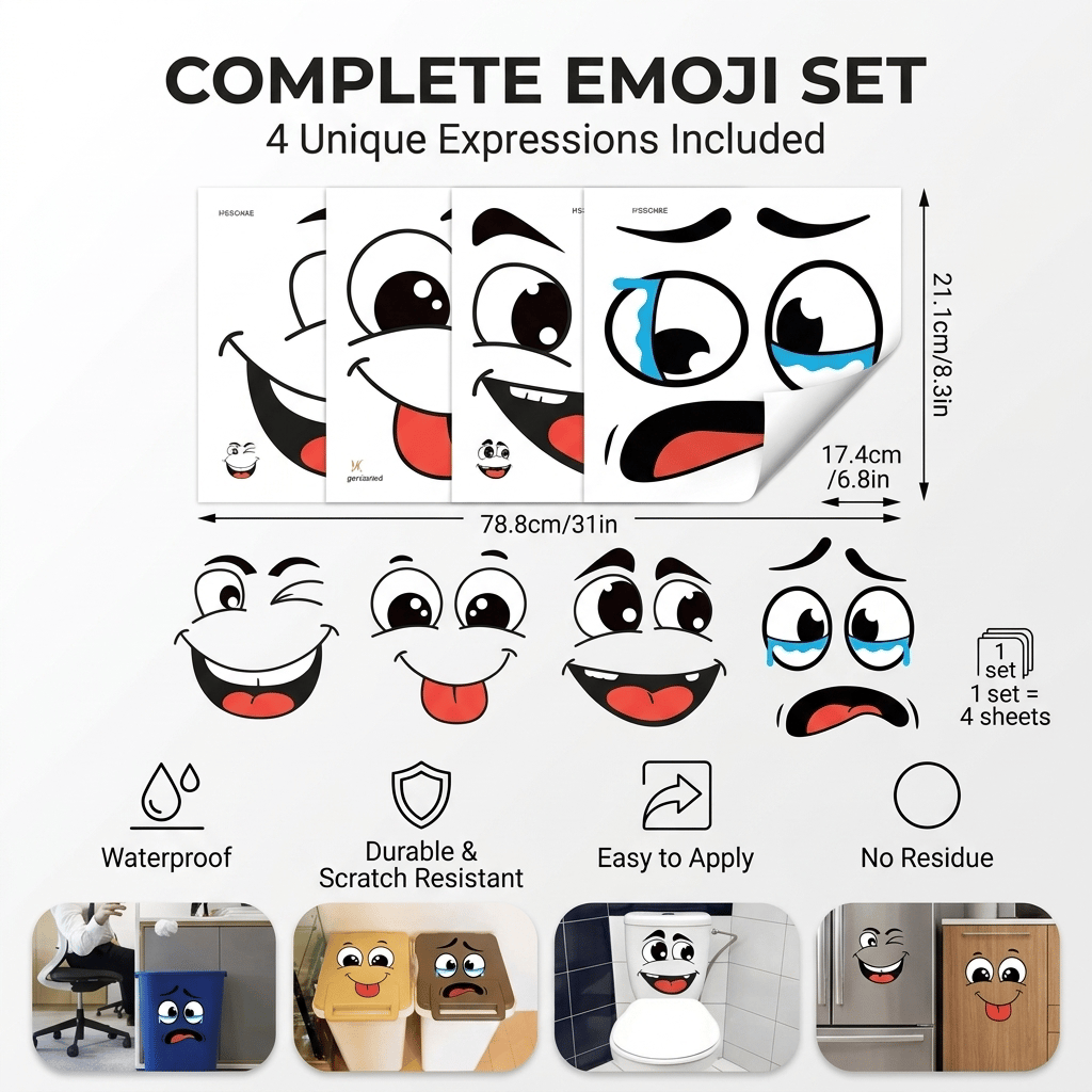 Cartoon Face Stickers, Self-Adhesive Removable Decals with Glossy Finish, Multi-Surface Decor