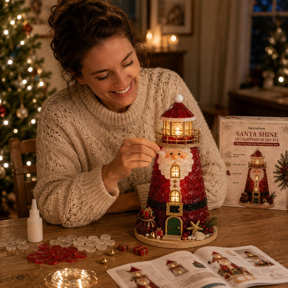 Beginner-Friendly DIY Lighted Christmas Character Sea Glass-Style Lighthouse Kit Collection | Complete Kit with Sea Glass-Style Pieces, LED Lights & Step-by-Step Guide Included