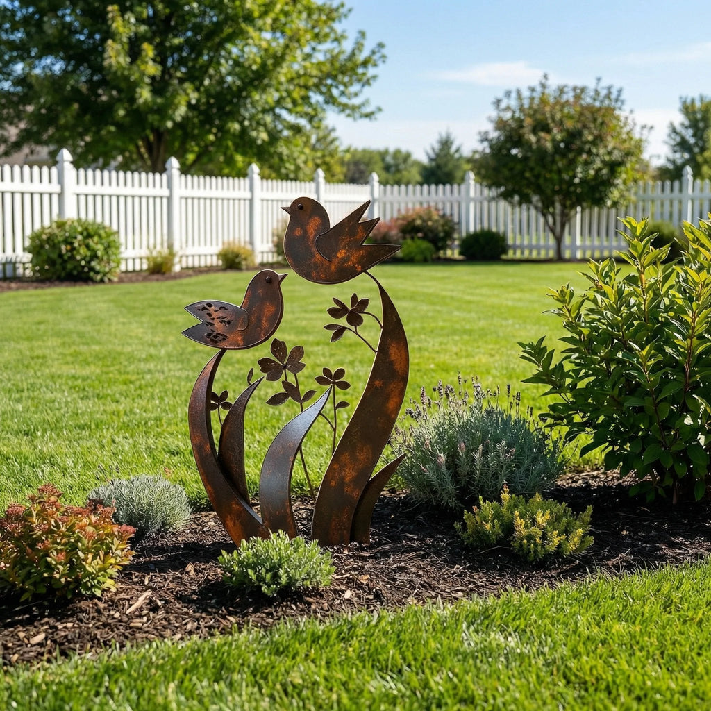 Bird & Wildflower Metal Garden Stake